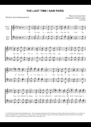 The Last Time I Saw Paris – Jerome Kern Sheet Music with Chords for ...