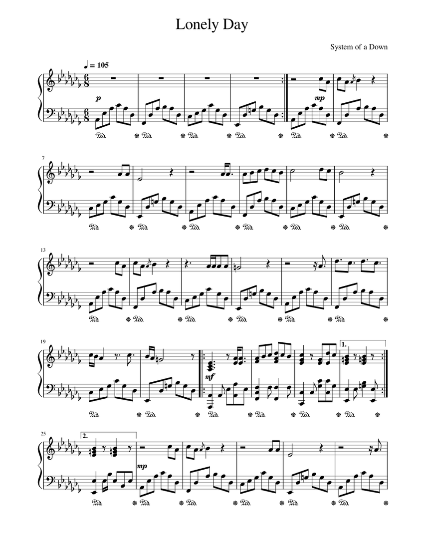 Lonely Day System Of A Down Sheet music for Piano Solo Musescore