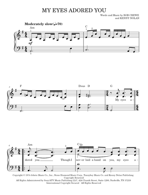 My Eyes Adored You - Frankie Valli, The Four Seasons (Easy Piano)
