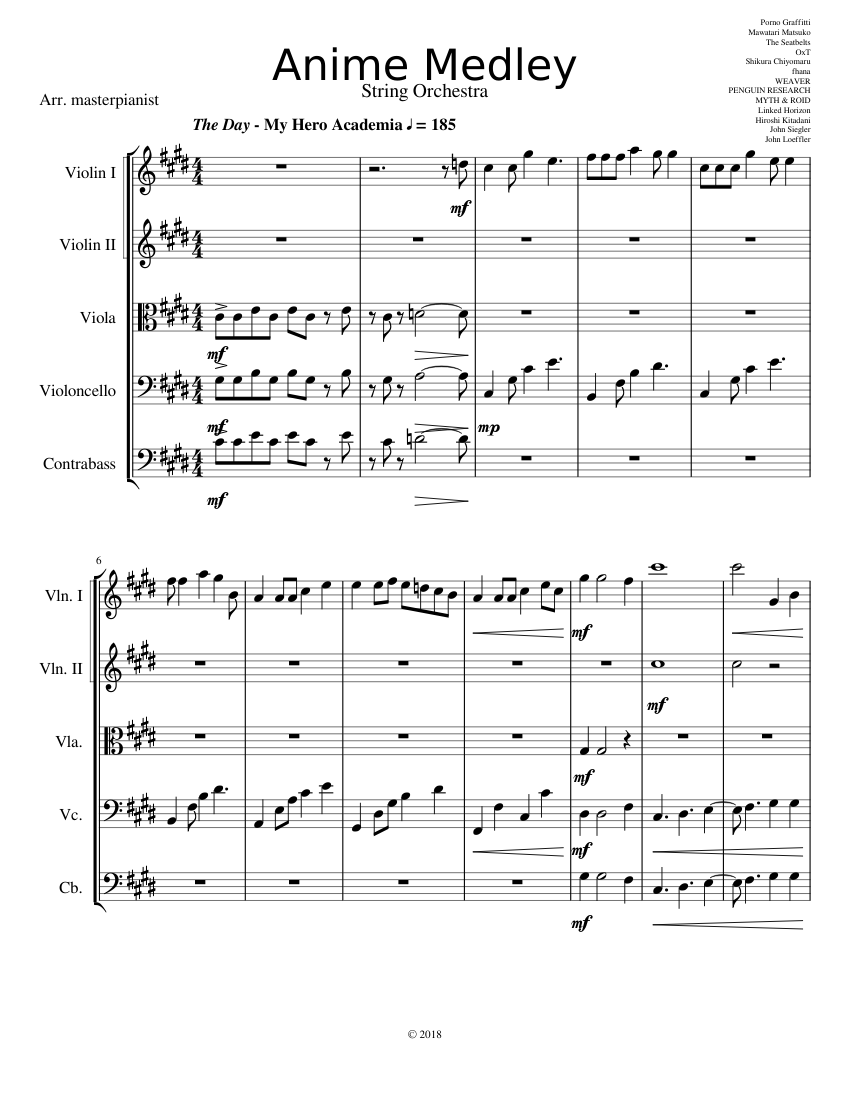Anime Medley Sheet music for Contrabass, Violin, Viola, Cello (String  Orchestra) 