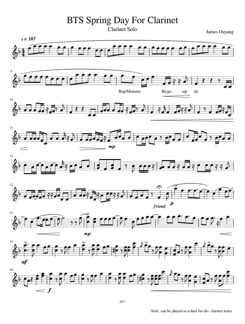 BTS Spring Day For Clarinet