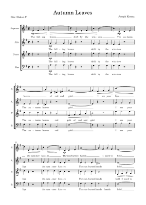 Autumn Leaves TTBB A Capella Sheet Music for Bass guitar
