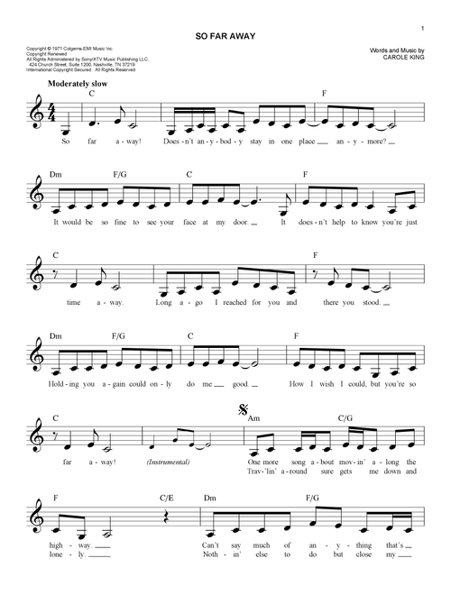 So Far Away - Carole King (Easy Lead Sheet - Fake Book)