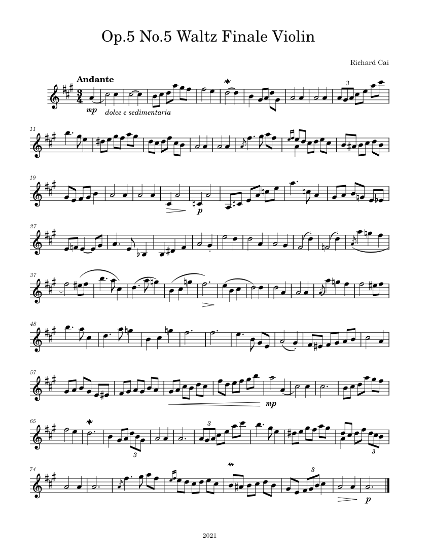 Op.5 No.5 Waltz Finale Violin Sheet Music for Violin (Solo