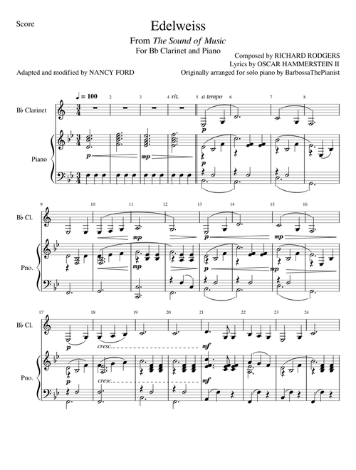 Edelweiss - Rodgers and Hammerstein (Bb Clarinet and Piano)