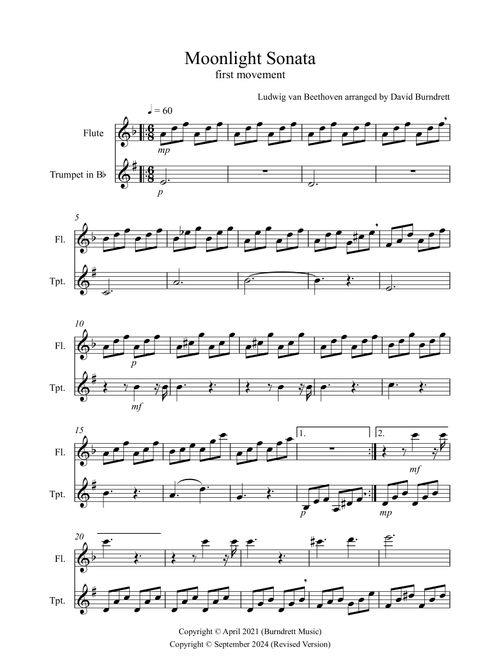 Moonlight Sonata for (1st movement) for Flute and Trumpet Duet (Arr. David Burndrett) - Ludwig Van Beethoven (Instrumental Duet)