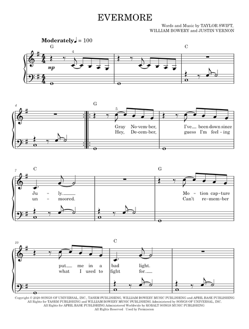 Evermore - Taylor Swift (Easy Piano)