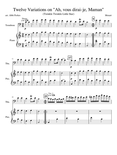 Christian Lindberg's Twelve Variations Twinkle Twinkle Little Star (for Trombone and Piano)