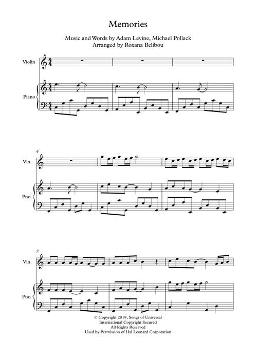 Memories (Arr. Roxana Belibou) - Maroon 5 (Instrumental Duet and Piano)