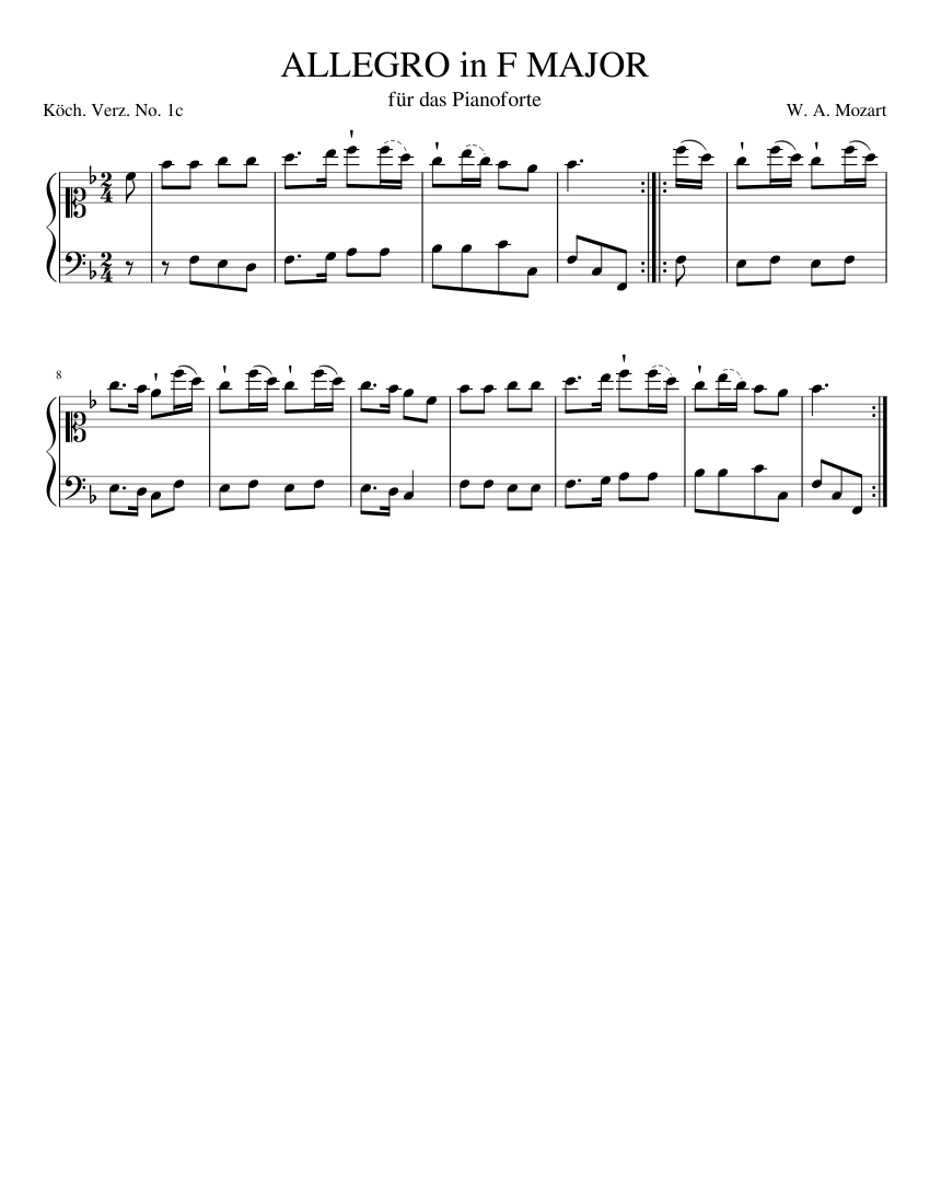 W. A. Mozart, Allegro in F Major, K1c. Sheet Music for Piano (Solo ...