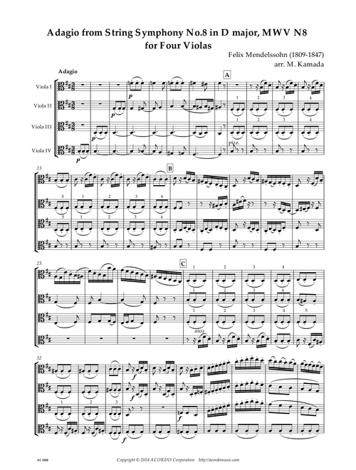 Adagio from String Symphony No.8 in D major, MWV N8 for Four Violas (Arr. Mikio Kamada) - Felix Mendelssohn (1809-1847) (Viola Solo)