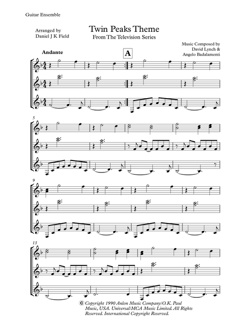 Twin Peaks Theme (Arr. Daniel J K Field) - Angelo Badalamenti (Guitar Ensemble)