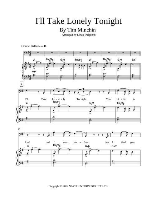 I'll Take Lonely Tonight (Arr. Linda Dalgliesh) - Tim Minchin (Piano Vocal)