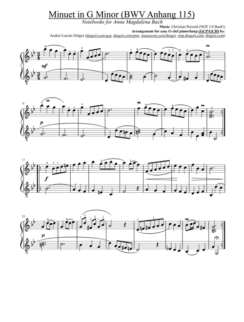 Petzold (NOT Bach!) - Minuet in G Minor (BWV Anhang 115) - G-clef piano/harp (GCP/GCH) arrangement (Arr. Dragoi Andrei Lucian) - Christian Petzold (Easy Piano)