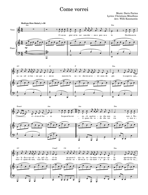 Come Vorrei (Arr. Willi Konstantin) - Dario Farina, Christiano Minellono (Piano-Vocal-Guitar (Piano Accompaniment))