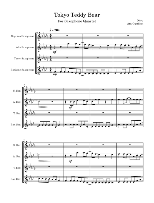 Tokyo Teddy Bear – Neru (押入れP) Arranged for Saxophone Quartet