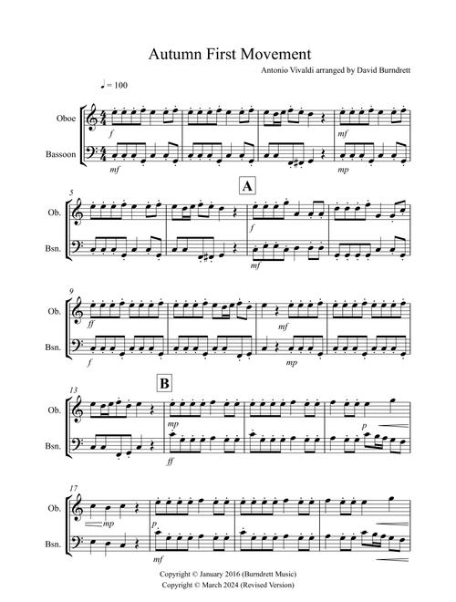 Autumn (First Movement) for Oboe and Bassoon Duet (Arr. David Burndrett) - Antonio Vivaldi (Instrumental Duet)