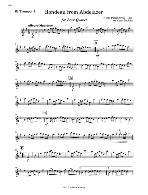 Rondeau from Abdelazer - Brass Quartet (Individual Parts) (Arr. César Madeira) - Henry Purcell (Brass Ensemble)