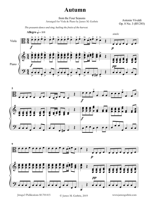 Vivaldi: Autumn from the Four Seasons for Viola & Piano (Arr. James M. Guthrie, ASCAP) - Antonio Vivaldi (Viola and Piano)