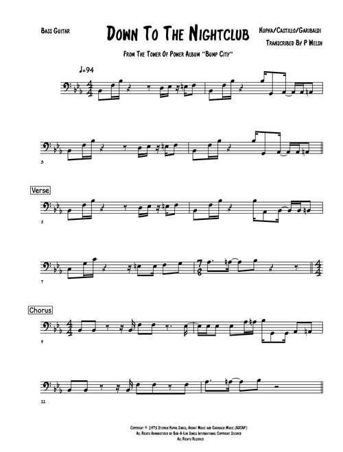 Down To The Nightclub (Arr. Paul welsh) - Tower Of Power (Bass Tab)