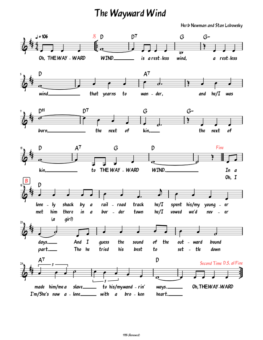Wayward Wind (Lead sheet with lyrics ) Sheet Music with Chords for ...