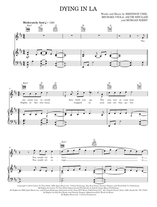 Dying in la - Panic! At the Disco (Piano-Vocal-Guitar)
