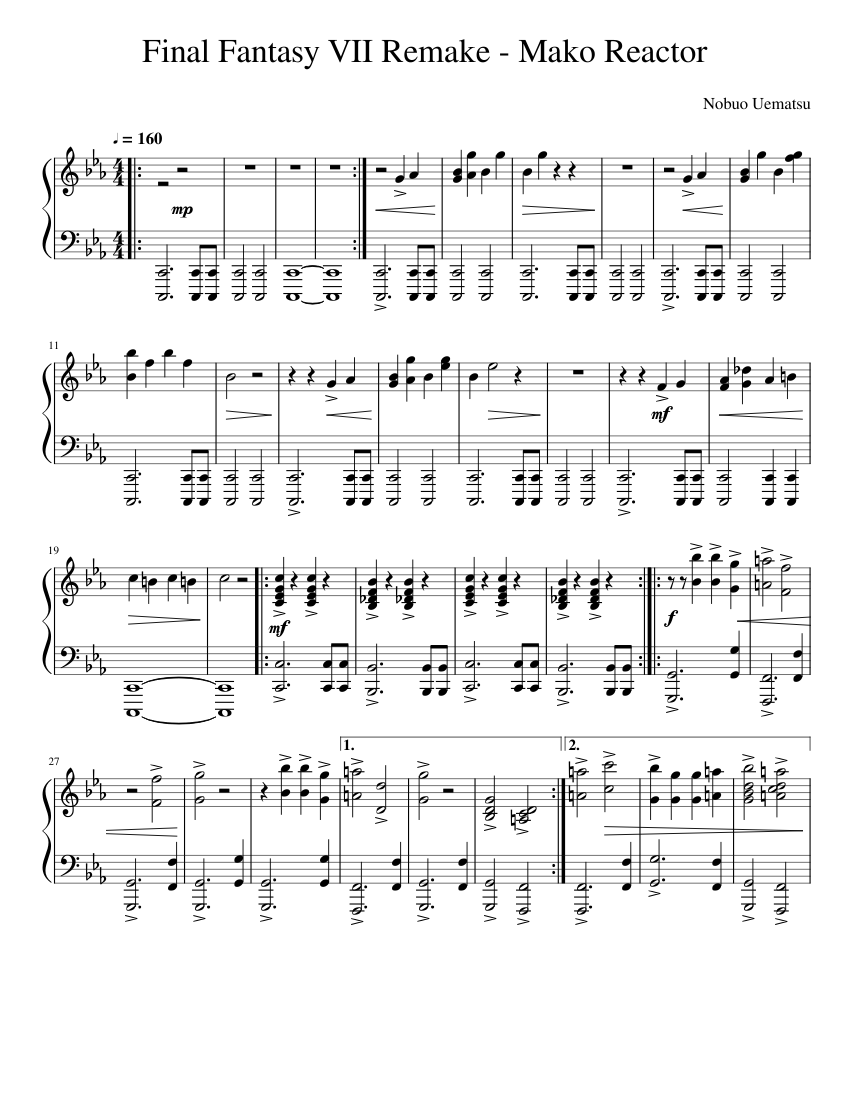 Final Fantasy VII Mako Reactor Sheet Music for Piano (Solo) easy