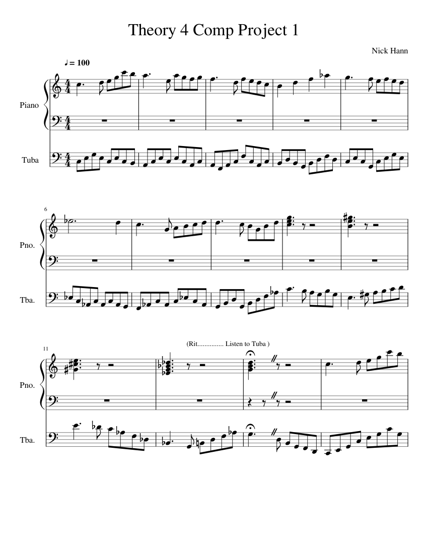 Theory 4 Comp Project 1 Sheet music for Piano, Tuba (Solo) | Musescore.com