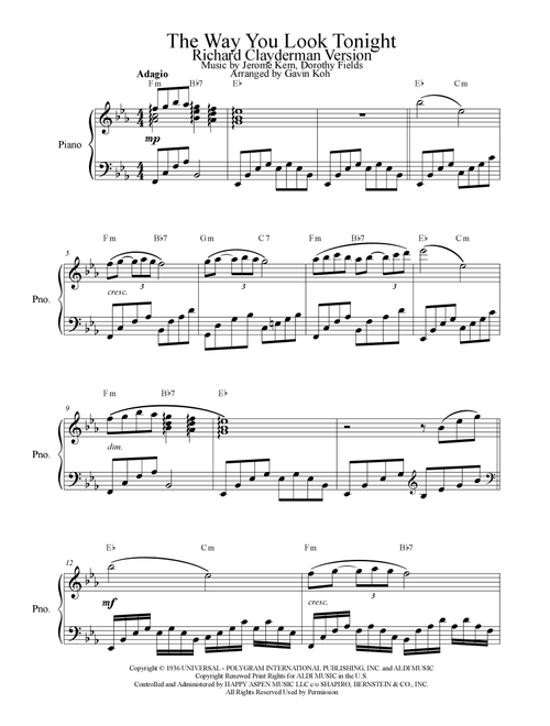 The Way You Look Tonight (Arr. Gavin Koh) - Richard Clayderman (Piano-Vocal-Guitar (Piano Accompaniment))