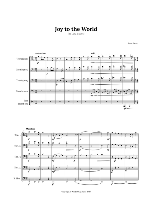 Joy to the World by for Trombone Quintet (Arr. Ander) - Isaac Watts (Brass Ensemble)