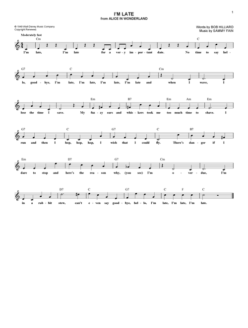 I'm Late (from Alice In Wonderland) - Sammy Fain, Bob Hilliard (Lead Sheet - Fake Book)