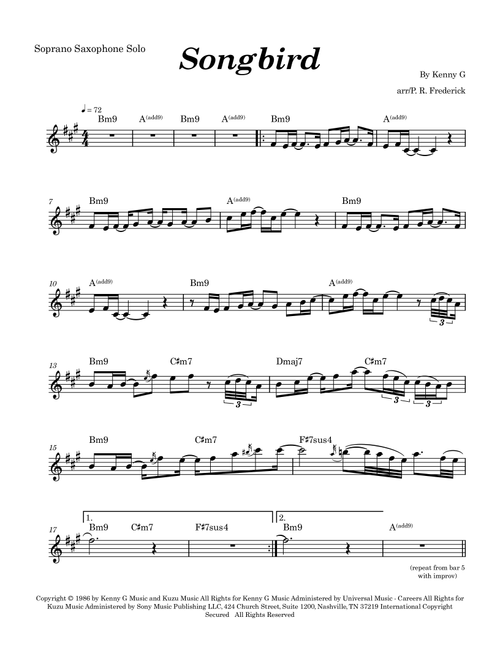 Songbird (Arr. P. R. Frederick) - Kenny G (Soprano Sax Solo)