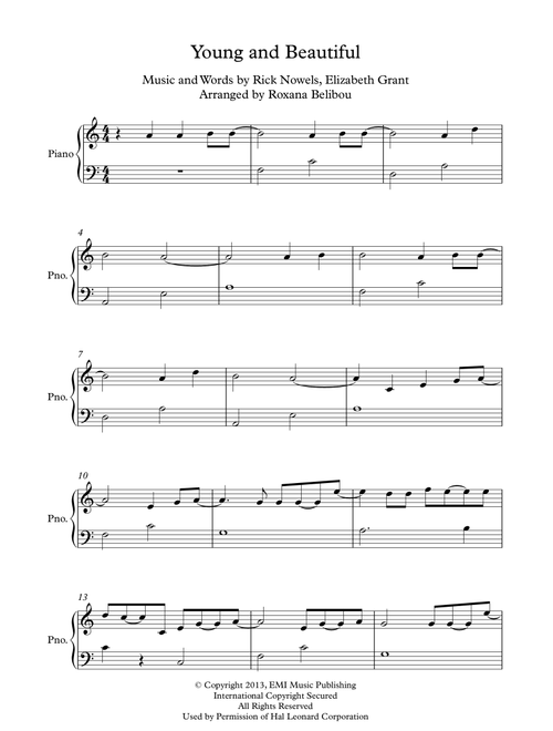 Young And Beautiful (Arr. Roxana Belibou) - Lana Del Ray (Easy Piano)