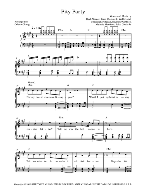 Pity Party (Arr. Celena Chang) - Wally Gold, Herb Wiener, John Gluck Jr (Piano Solo)