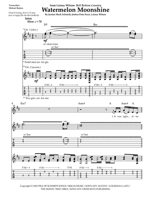 Watermelon Moonshine (Arr. Transcriber- Michael Butzen) - Lainey Wilson (Guitar Tab with Voice)