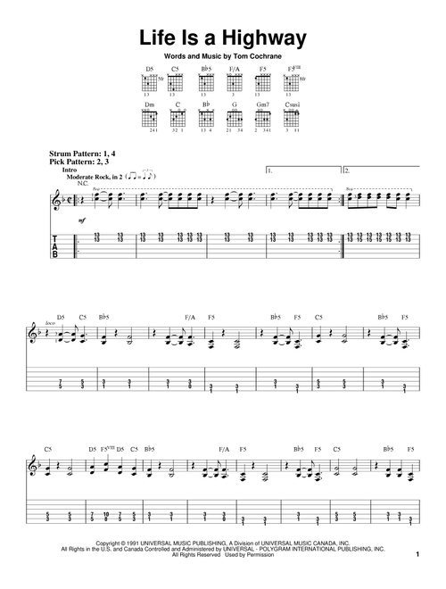 Life Is A Highway - Tom Cochrane, Rascal Flatts (Easy Guitar with TAB)