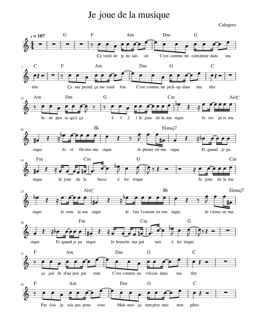 Je joue de la musique Calogero Sheet music for Brass group (Solo)