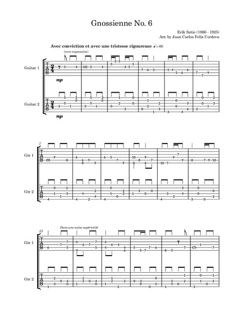 Gnossienne No. 6 for 2 guitars (TAB) (Arr. Juan Carlos Felix Cordova) - Erik Satie (Solo Guitar)