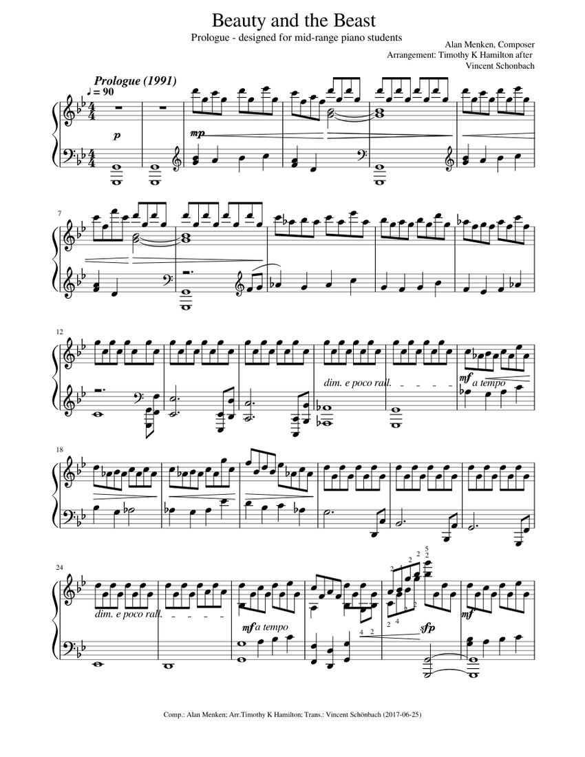 Beauty and the Beast easy Piano Prologue Sheet music for Piano