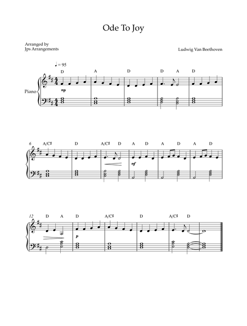 Ode to Joy - easy piano in D (Arr. Jps Arrangements) - Ludwig Van Beethoven (Easy Piano)