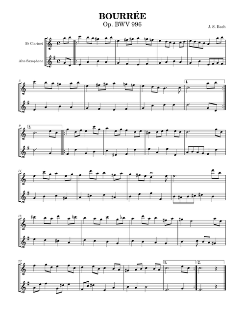 BOURRÉE BWV 996 by J. S. BACH - DUET FOR B FLAT CLARINET AND ALTO SAXOPHONE