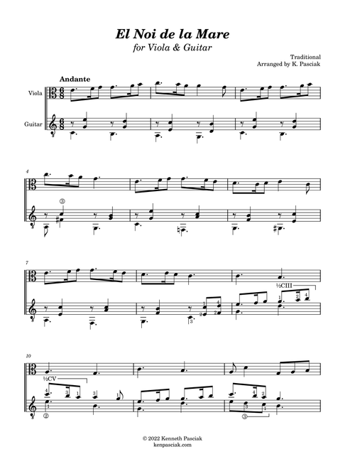 El Noi de la Mare (for Viola and Guitar) (Arr. Kenneth Pasciak) - Traditional (Instrumental Duet)