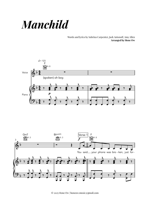 Manchild (Arr. Hone Ow) - Sabrina Carpenter (Piano-Vocal-Guitar (Piano Accompaniment)) sheet music arranged by ArrangeMe for Piano-Voice-Guitar