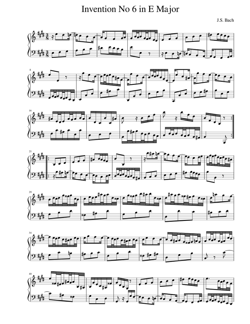J.S. Bach Invention No. 6 in E Major Sheet Music for Piano (Solo