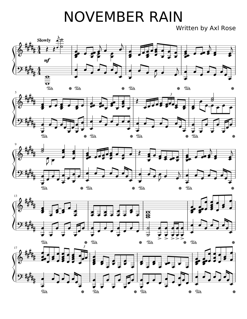 November Rain - Guns N' Roses Sheet Music for Piano (Solo