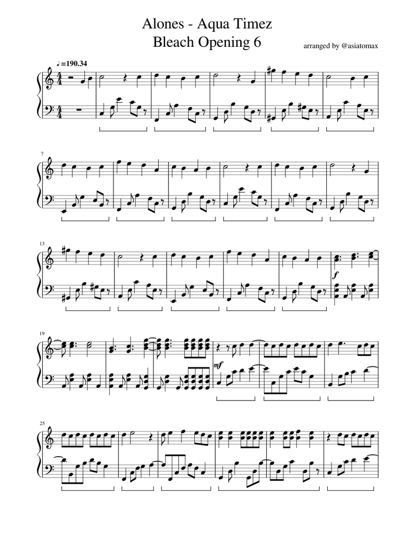 Bleach OP6] Alones - Aqua Timez Sheet Music for Piano (Solo