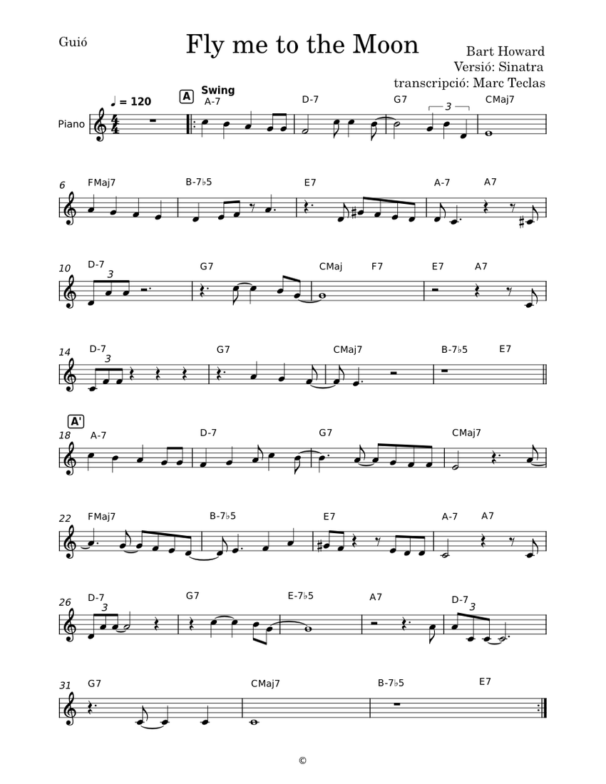 Fly me to the Moon (en C) Sheet Music with Chords for Piano (Solo