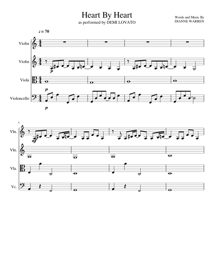 ramo de flores Planeta frecuentemente Heart By Heart — Demi Lovato Sheet music for Violin, Viola, Cello (String  Quartet) | Musescore.com