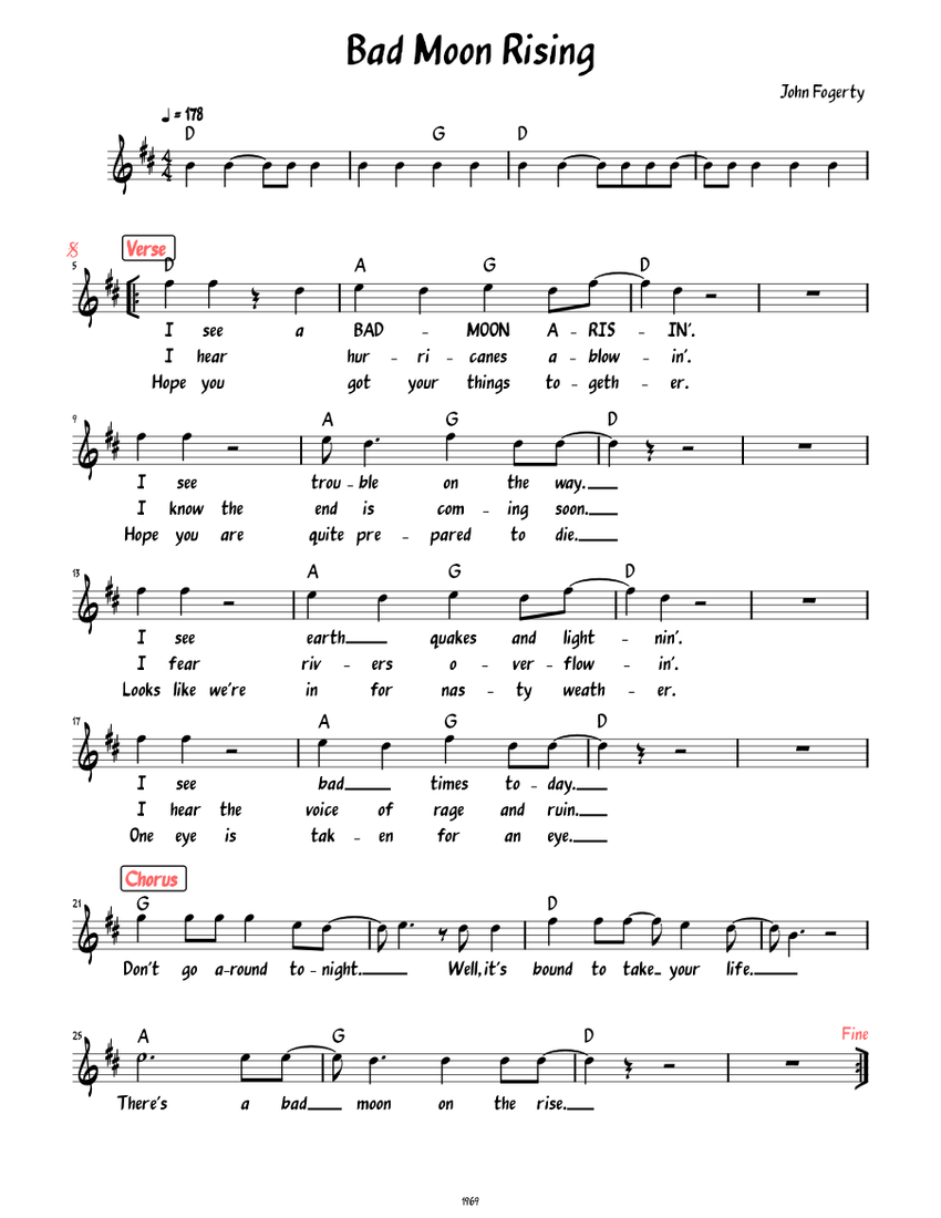 Bad Moon Rising (Lead sheet with lyrics Sheet Music with Chords for ...