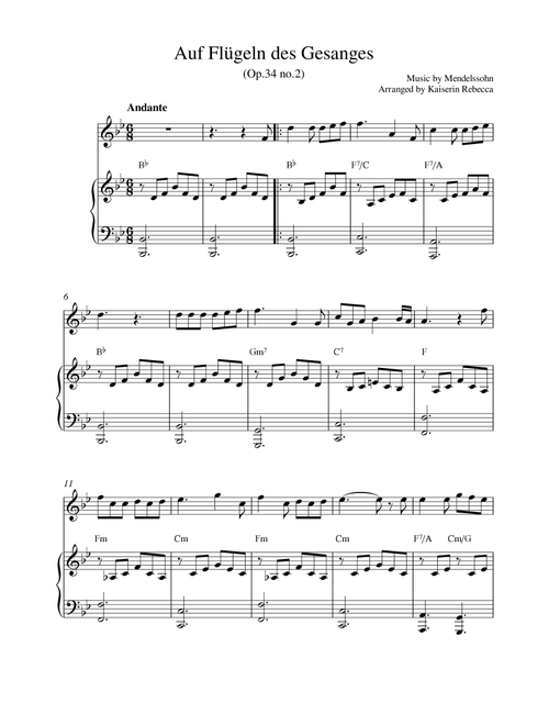 Auf Flügeln des Gesanges (Arr. Kaiserin Rebecca) - MENDELSSOHN (Oboe and Piano)